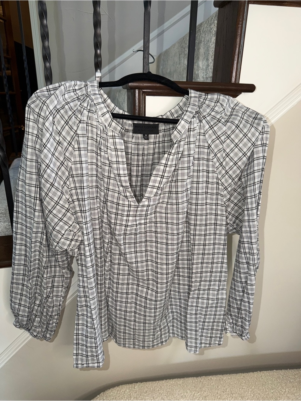 Nili Lotan White and Black Plaid V-Neck Blouse